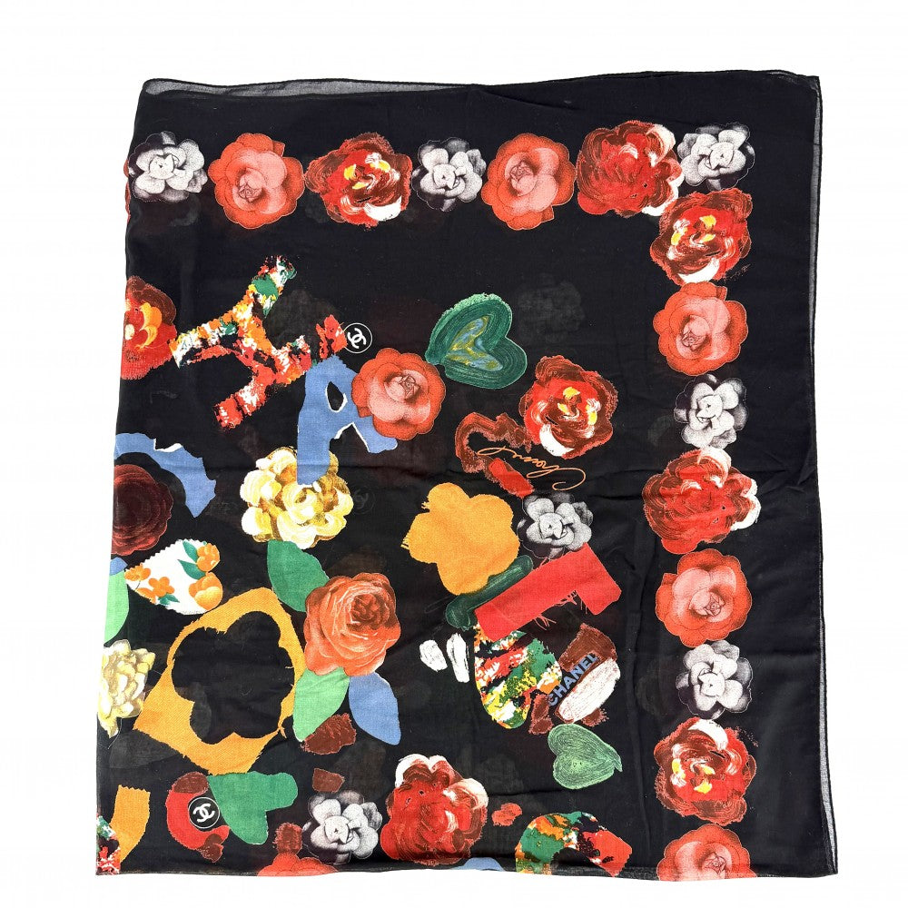 CHANEL シャネル スカーフ ロゴ フラワー ファッションアイテム 大判 小物 ココマーク 花柄 コットン ブラック 黒 レッド 赤 レディース【中古品】