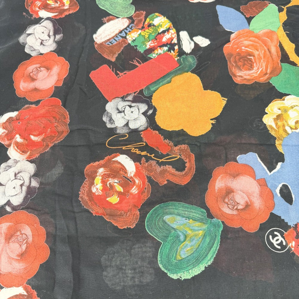 CHANEL シャネル スカーフ ロゴ フラワー ファッションアイテム 大判 小物 ココマーク 花柄 コットン ブラック 黒 レッド 赤 レディース【中古品】
