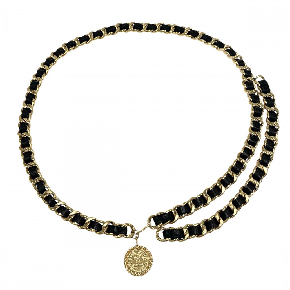 CHANEL シャネル ベルト メダル チェーンベルト ファッションアイテム 小物 ココマーク ヴィンテージ GP レザー ブラック 黒 ゴールド金具 レディース【中古品】
