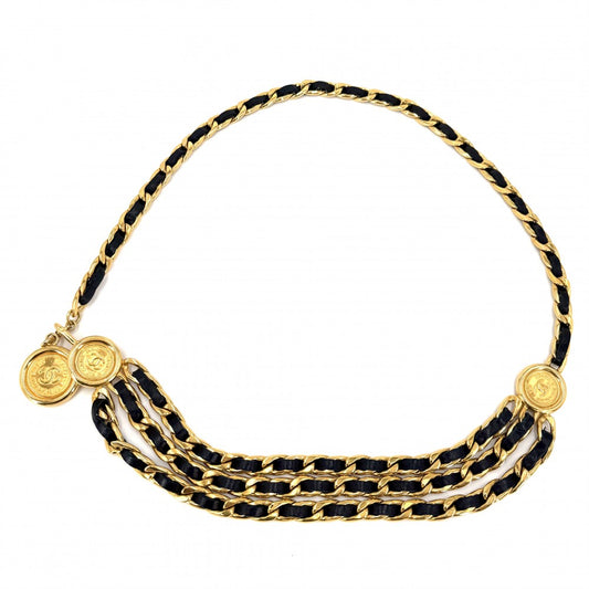 CHANEL シャネル ベルト メダル チェーンベルト ァッションアイテム ココマーク ヴィンテージ GP レザー ブラック 黒 ゴールド金具 レディース【中古品】