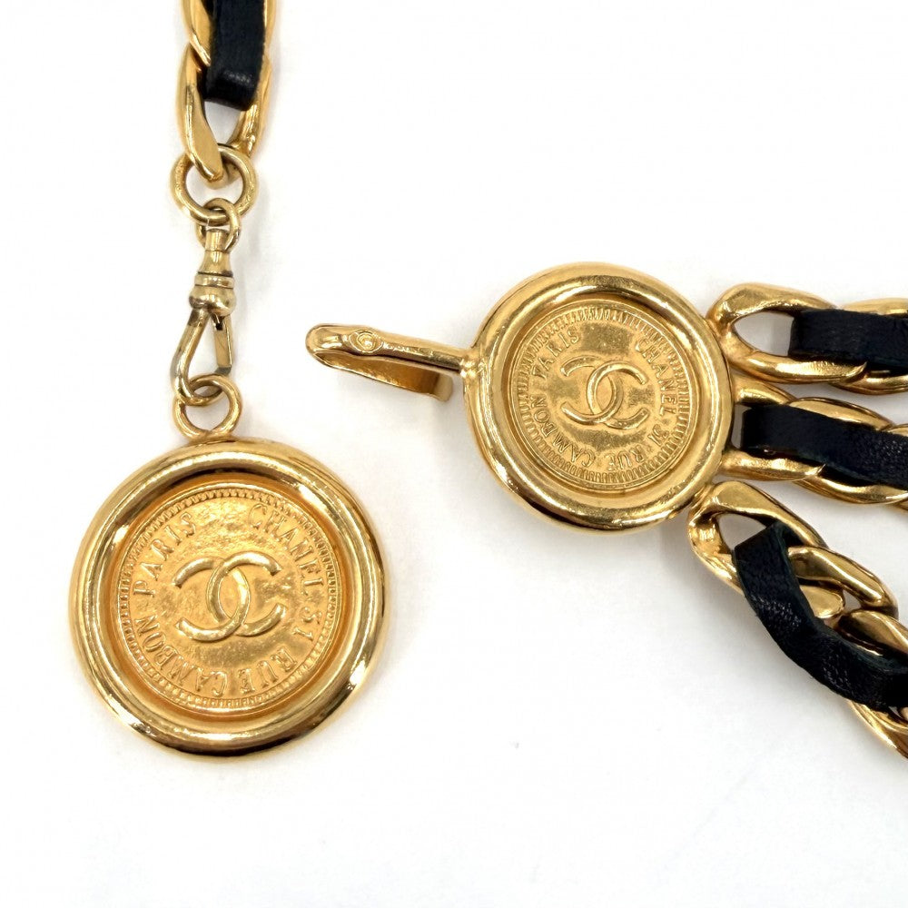 CHANEL シャネル ベルト メダル チェーンベルト ァッションアイテム ココマーク ヴィンテージ GP レザー ブラック 黒 ゴールド金具 レディース【中古品】