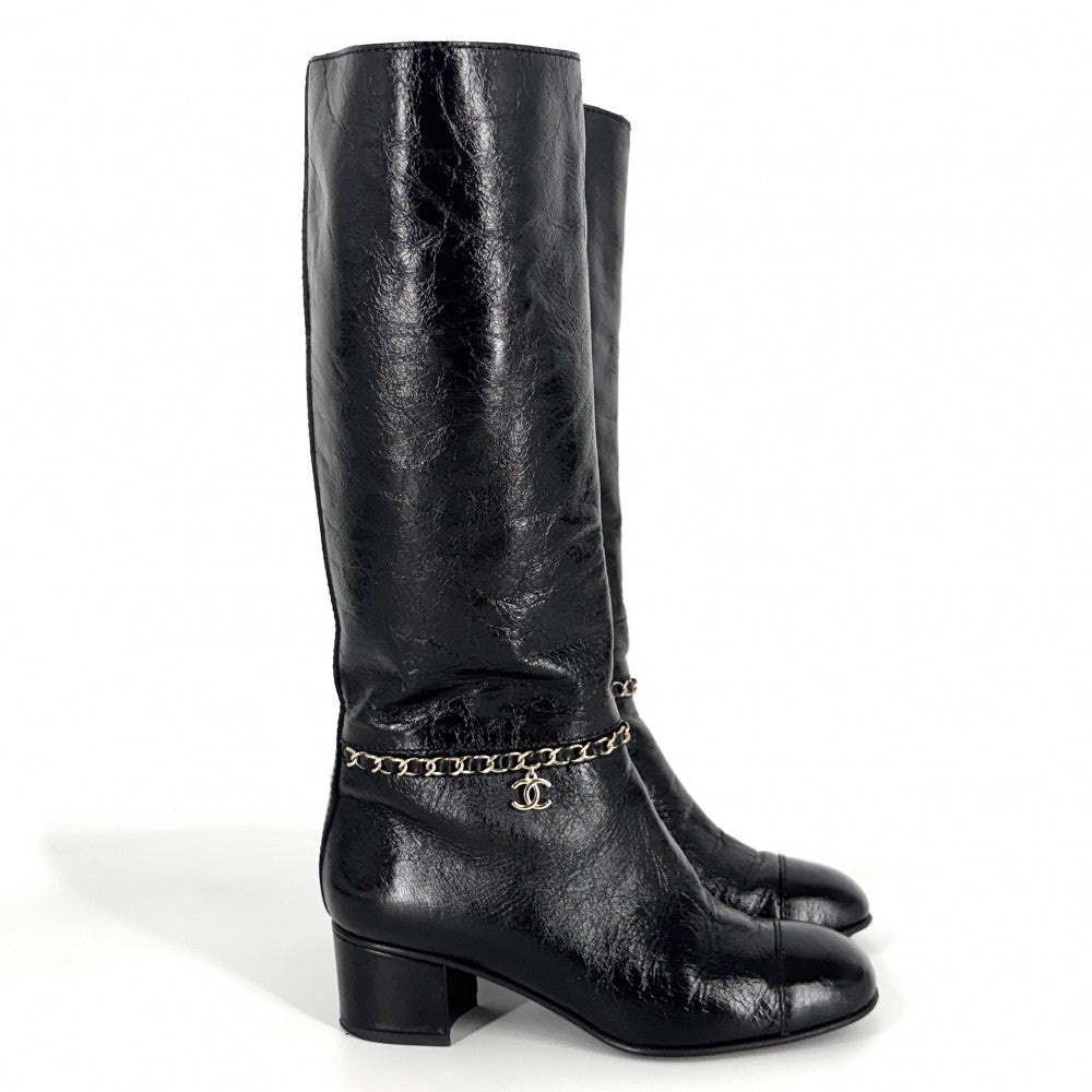 【開店SALE】 CHANEL シャネル ブーツ ココマーク ロングブーツ チェーンデザイン シューズ 靴 36サイズ 約23cm レザー ブラック 黒 ゴールド金具 レディース【中古品】
