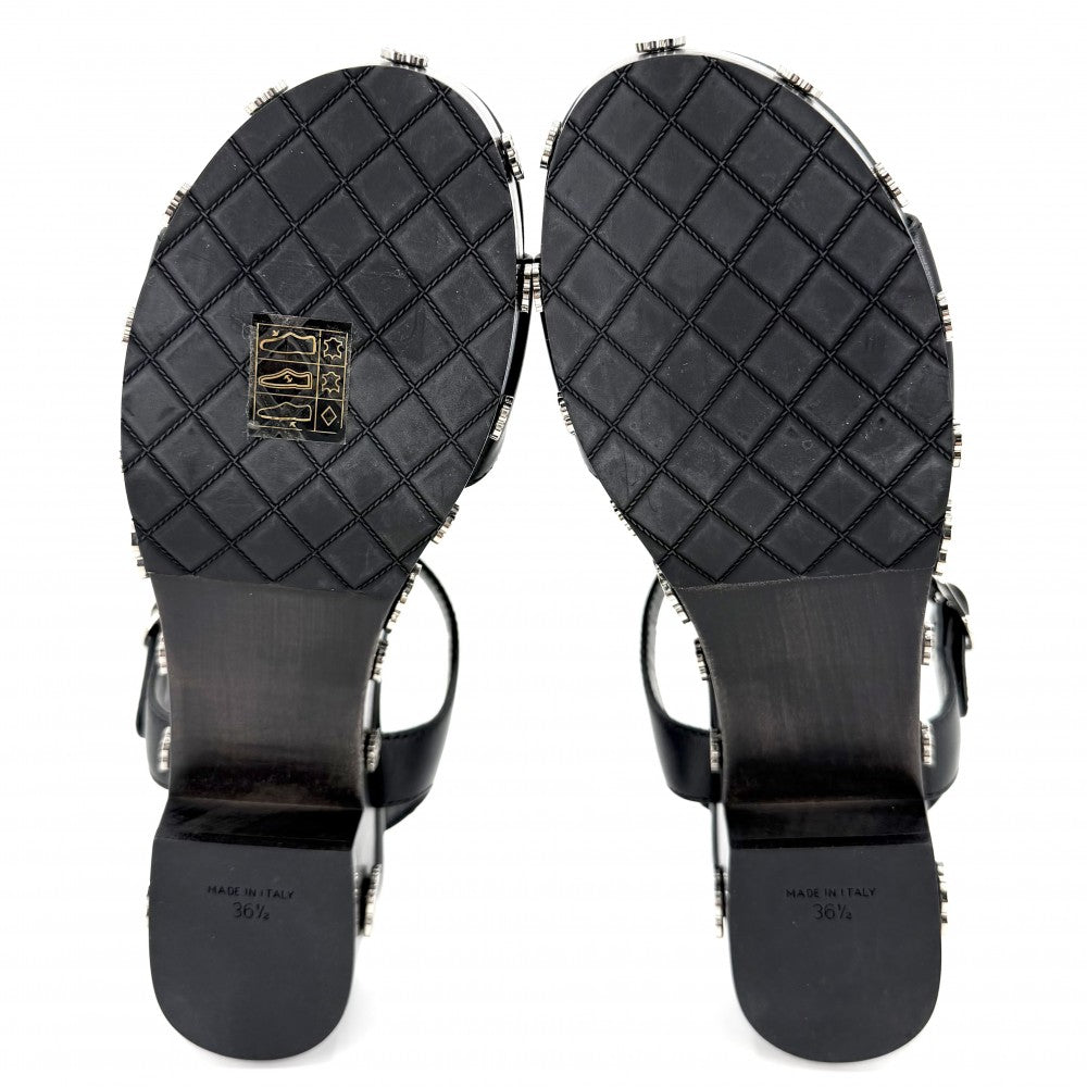 CHANEL シャネル サンダル ココマーク カメリア 靴 36 1/2サイズ 約23.5cm G31754 春 夏 レザー ウッド ブラック 黒 シルバー金具 レディース【中古品】