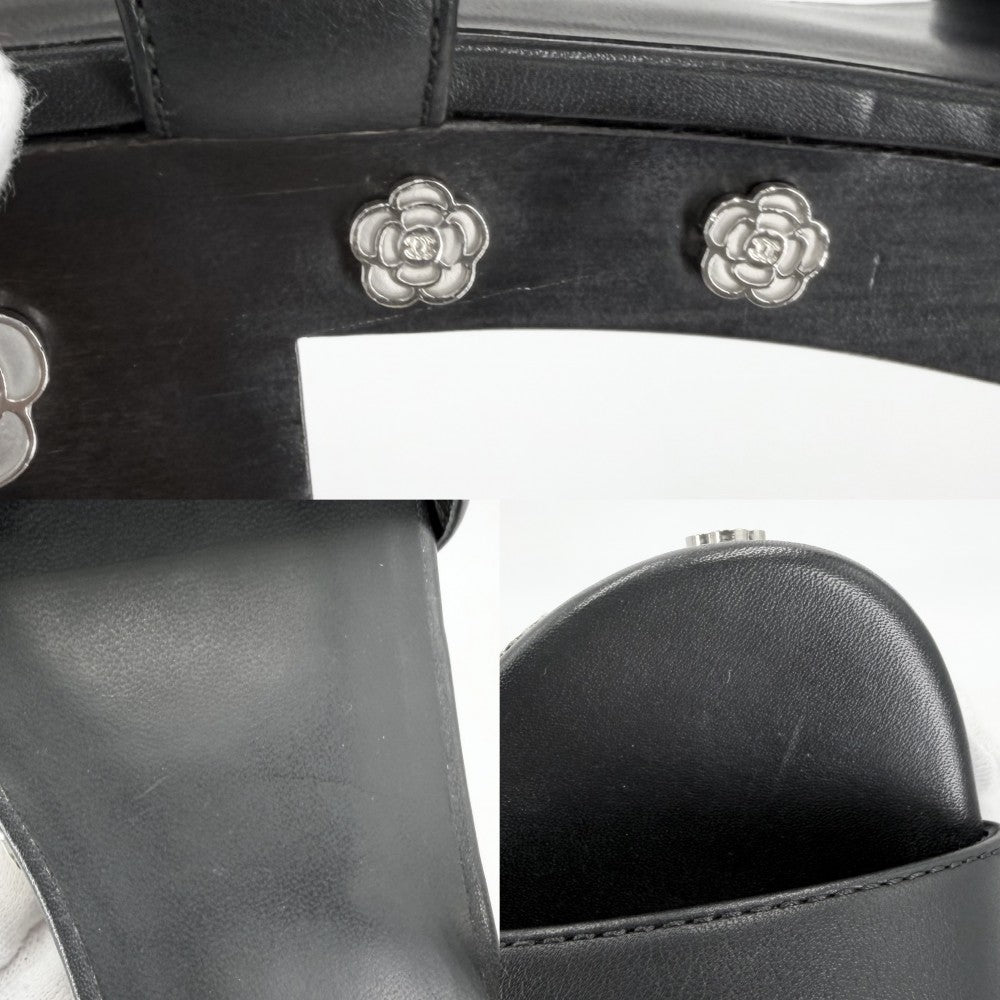CHANEL シャネル サンダル ココマーク カメリア 靴 36 1/2サイズ 約23.5cm G31754 春 夏 レザー ウッド ブラック 黒 シルバー金具 レディース【中古品】