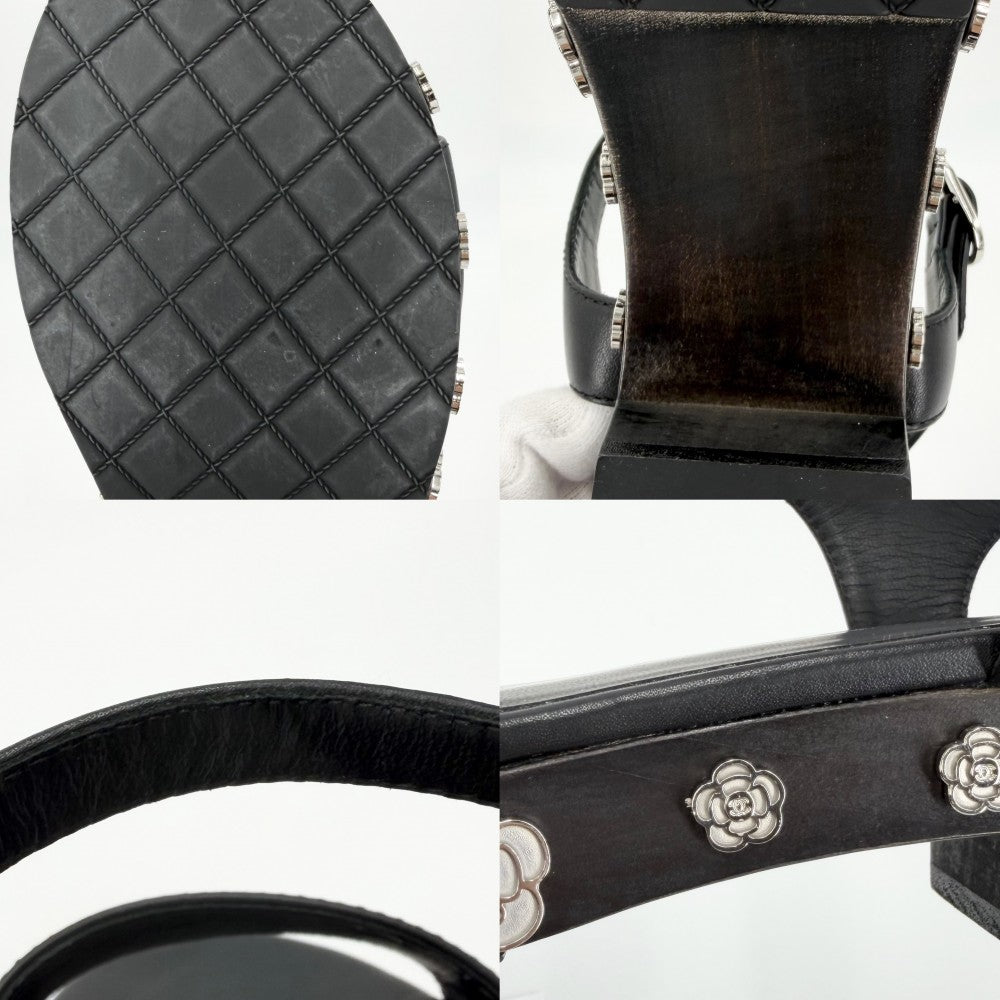 CHANEL シャネル サンダル ココマーク カメリア 靴 36 1/2サイズ 約23.5cm G31754 春 夏 レザー ウッド ブラック 黒 シルバー金具 レディース【中古品】