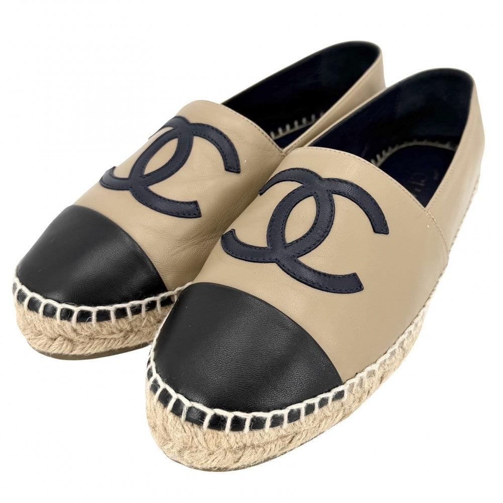 【開店SALE】 CHANEL シャネル スニーカー エスパドリーユ フラットシューズ ココマーク スリッポン 靴 38サイズ 約24.5cm G29792 レザー ベージュ ブラック 黒 レディース【中古品】