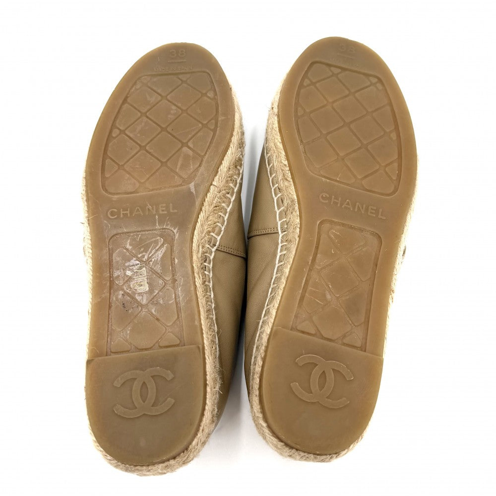 【開店SALE】 CHANEL シャネル スニーカー エスパドリーユ フラットシューズ ココマーク スリッポン 靴 38サイズ 約24.5cm G29792 レザー ベージュ ブラック 黒 レディース【中古品】