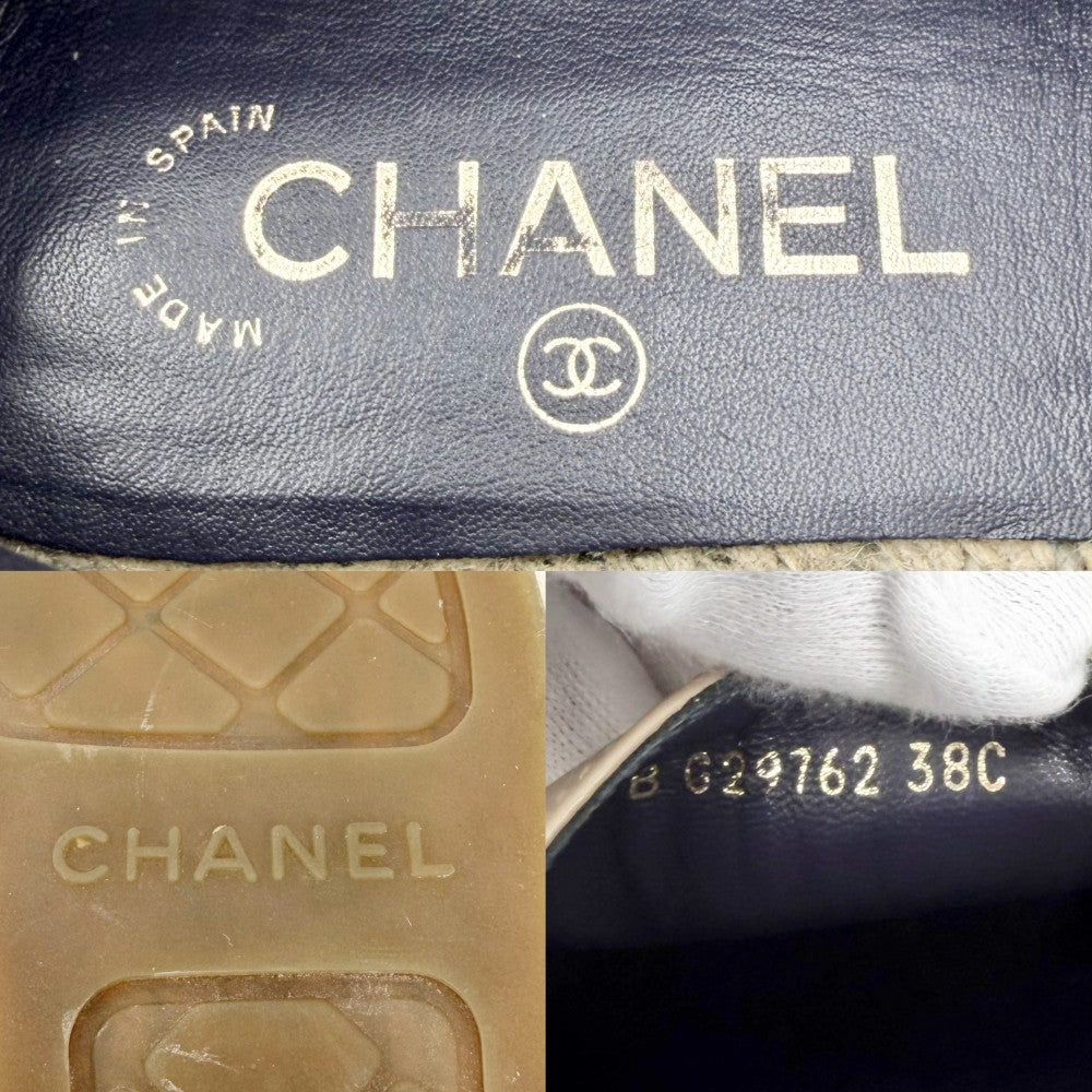【開店SALE】 CHANEL シャネル スニーカー エスパドリーユ フラットシューズ ココマーク スリッポン 靴 38サイズ 約24.5cm G29792 レザー ベージュ ブラック 黒 レディース【中古品】