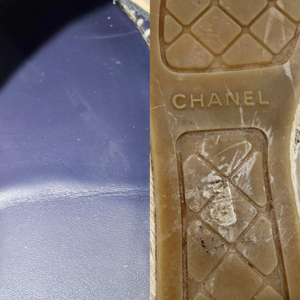【開店SALE】 CHANEL シャネル スニーカー エスパドリーユ フラットシューズ ココマーク スリッポン 靴 38サイズ 約24.5cm G29792 レザー ベージュ ブラック 黒 レディース【中古品】