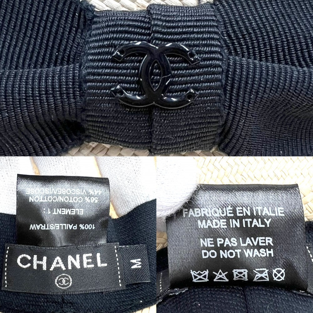 【開店SALE】 CHANEL シャネル ハット ココマーク ファッションアイテム 帽子 リボン ‎ ストロー ベージュ ブラック 黒 レディース【中古品】