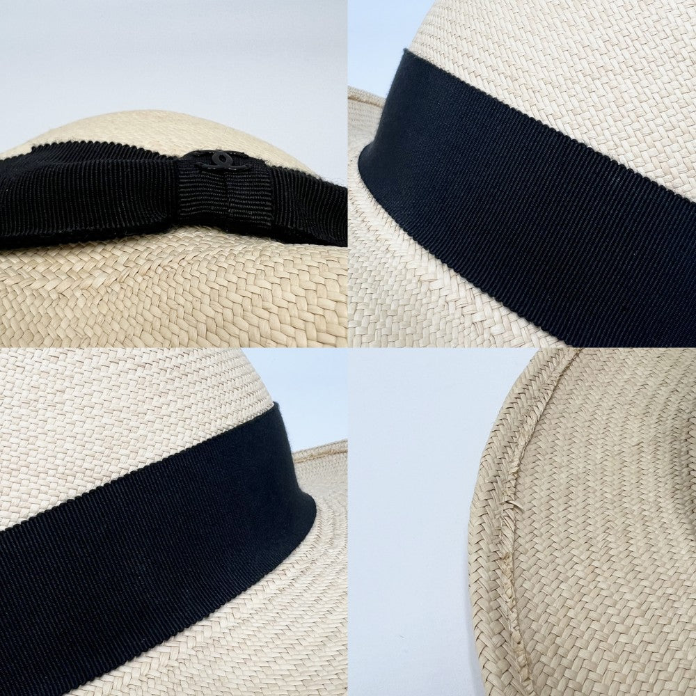 【開店SALE】 CHANEL シャネル ハット ココマーク ファッションアイテム 帽子 リボン ‎ ストロー ベージュ ブラック 黒 レディース【中古品】