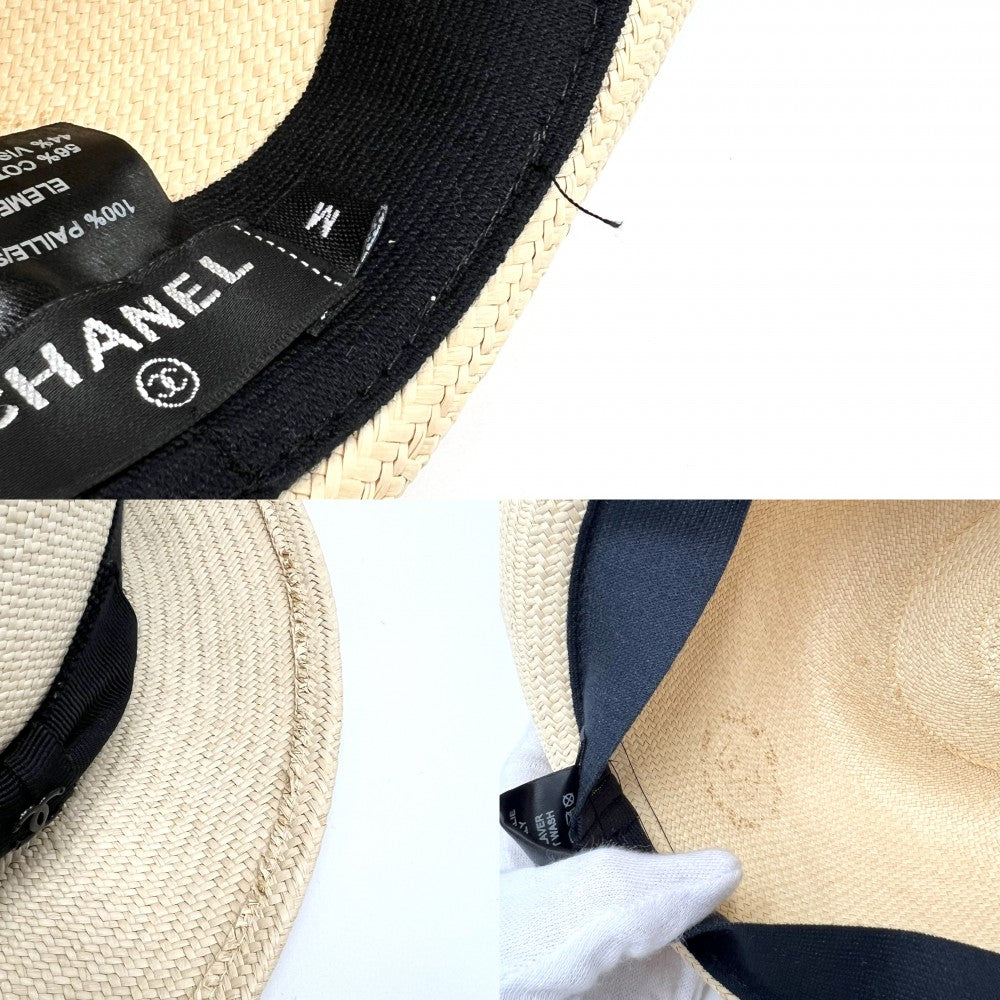 【開店SALE】 CHANEL シャネル ハット ココマーク ファッションアイテム 帽子 リボン ‎ ストロー ベージュ ブラック 黒 レディース【中古品】