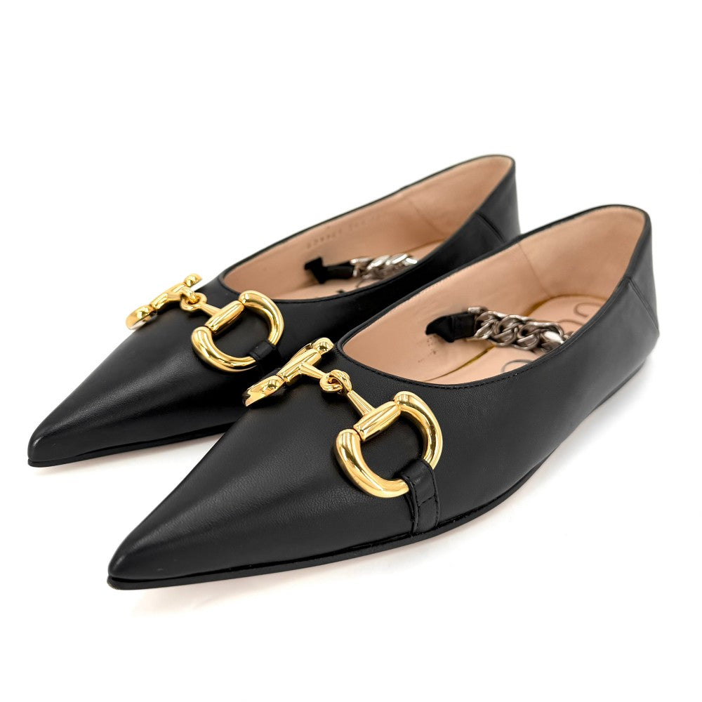GUCCI グッチ パンプス ホースビット フラットパンプス ポインテッドトゥ 36 1/2サイズ 約23.5cm 621161 レザー ブラック 黒 シルバー×ゴールド金具 レディース【中古品】