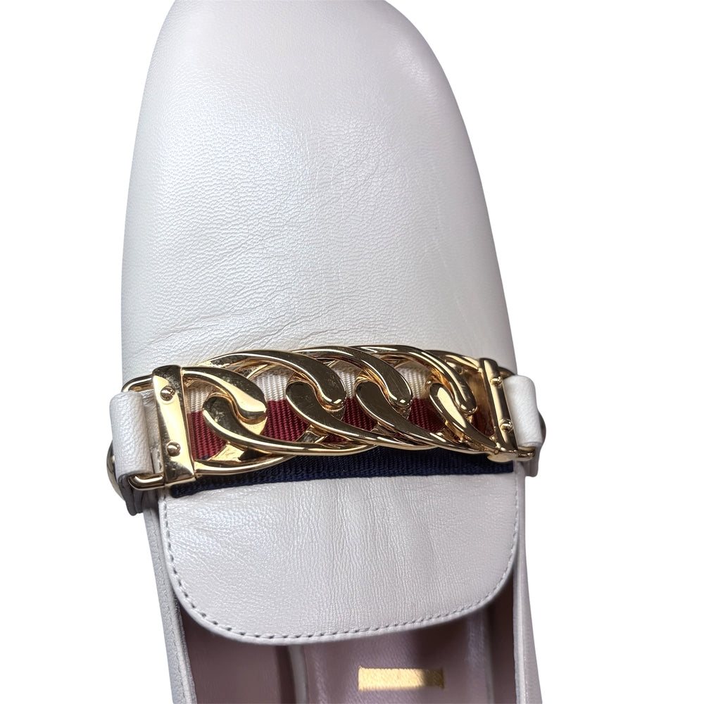 GUCCI グッチ パンプス シルヴィ ウェブライン チャンキーヒール 38.5サイズ 約25.5cm 537539 レザー ホワイト 白 レディース【中古品】