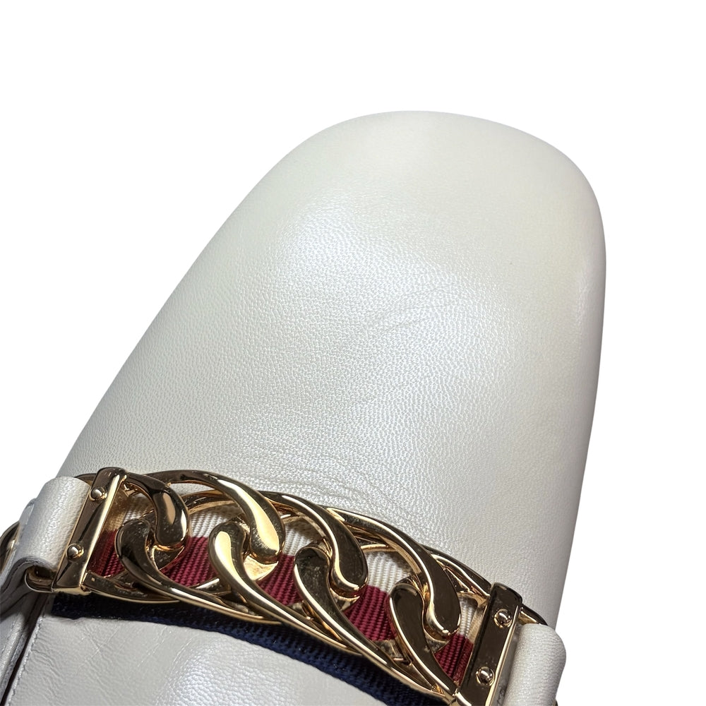 GUCCI グッチ パンプス シルヴィ ウェブライン チャンキーヒール 38.5サイズ 約25.5cm 537539 レザー ホワイト 白 レディース【中古品】