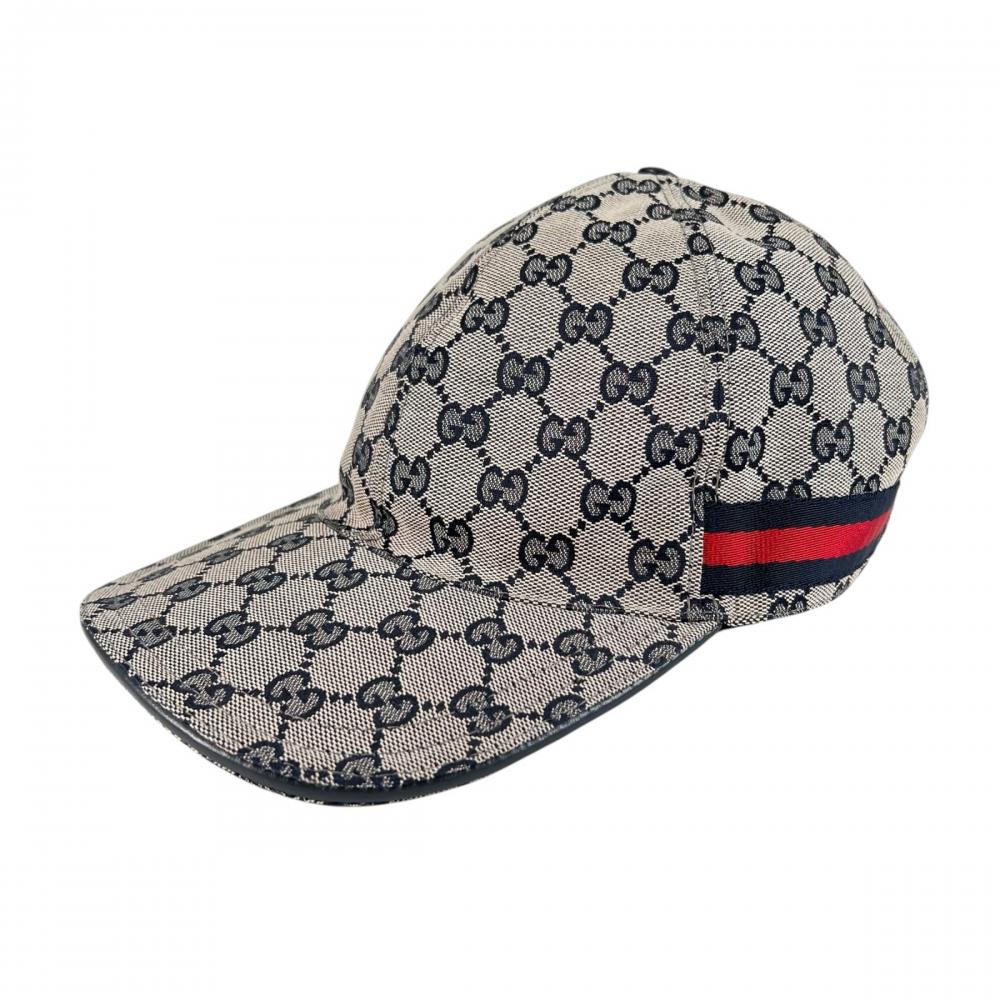 GUCCI グッチ キャップ ウェブストライプ モノグラム ベースボールキャップ XLサイズ 200035 KQW6G GGキャンバス ネイビー 紺 ベージュ メンズ 約105g【中古品】