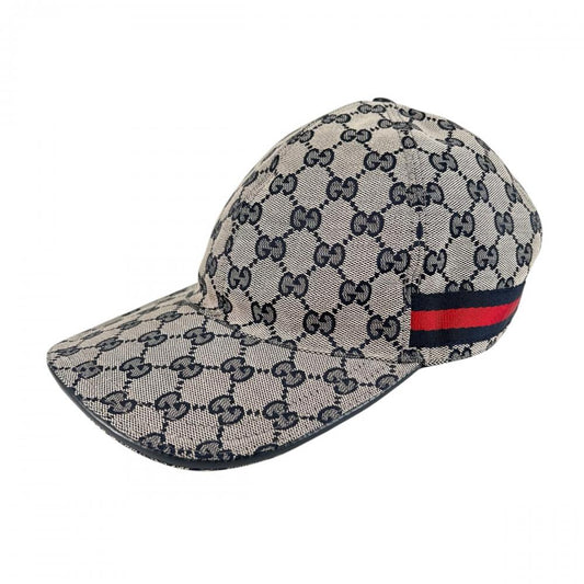 GUCCI グッチ キャップ ウェブストライプ モノグラム ベースボールキャップ XLサイズ 200035 KQW6G GGキャンバス ネイビー 紺 ベージュ メンズ 約105g【中古品】