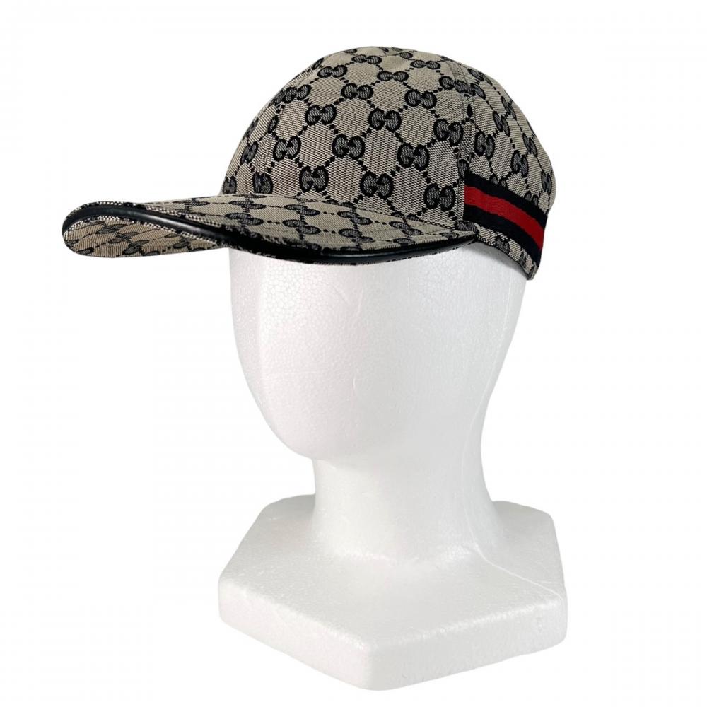 GUCCI グッチ キャップ ウェブストライプ モノグラム ベースボールキャップ XLサイズ 200035 KQW6G GGキャンバス ネイビー 紺 ベージュ メンズ 約105g【中古品】
