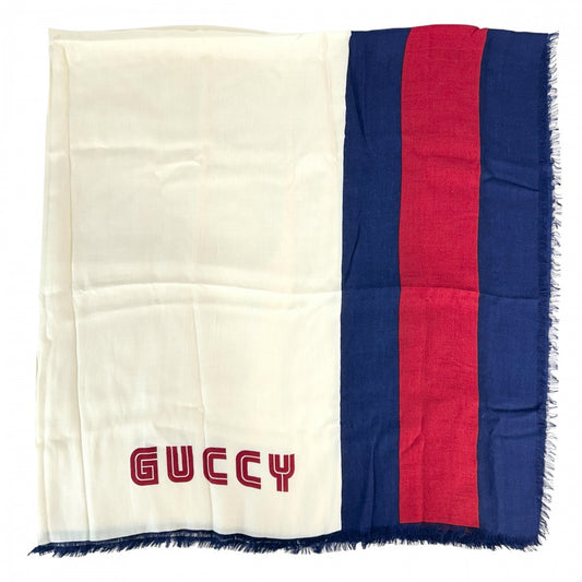 【秋物特集】 GUCCI グッチ ストール 大判 ショール GUCCY ファッションアイテム 秋 冬 レーヨン シルク ホワイト 白 レッド 赤 レディース【中古品】