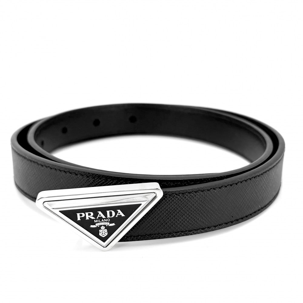 【開店SALE】 PRADA プラダ ベルト トライアングルロゴ ファッションアイテム 小物 28/70 メンズ レディース レザー ブラック 黒 シルバー金具 ユニセックス【中古品】
