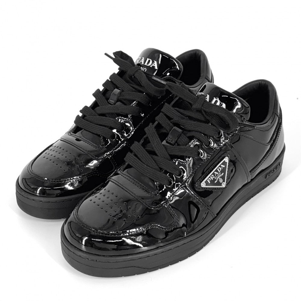 PRADA プラダ スニーカー ダウンタウン トライアングルロゴ ローカット 靴 約24cm 5サイズ 2EE364 エナメル ブラック 黒 シルバー金具 メンズ【中古品】
