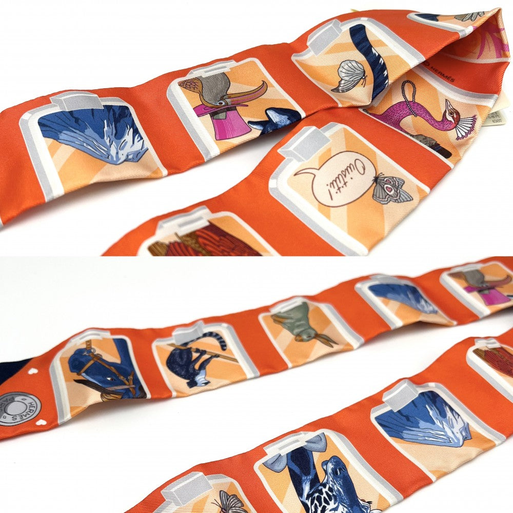 【開店SALE】 HERMES エルメス スカーフ ツイリー HERMES STORY エルメスストーリー ハート Twilly ファッションアイテム シルク オレンジ レディース【中古品】