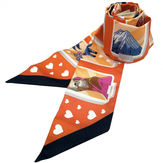 【開店SALE】 HERMES エルメス スカーフ ツイリー HERMES STORY エルメスストーリー ハート Twilly ファッションアイテム シルク オレンジ レディース【中古品】