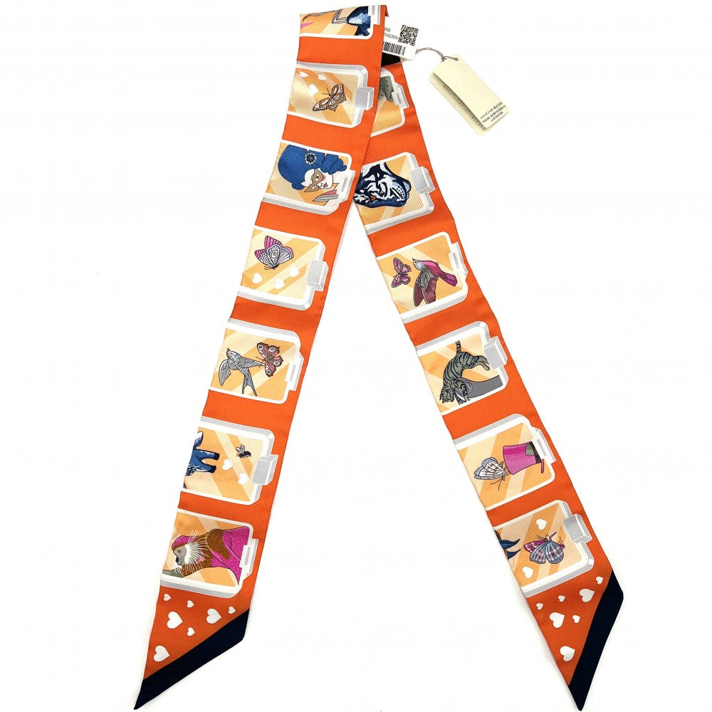 【開店SALE】 HERMES エルメス スカーフ ツイリー HERMES STORY エルメスストーリー ハート Twilly ファッションアイテム シルク オレンジ レディース【中古品】