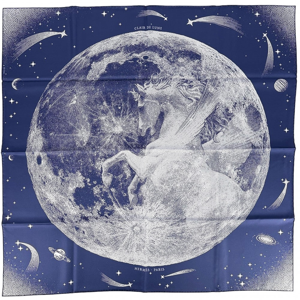 【開店SALE】 HERMES エルメス スカーフ カレ90 CLAIR DE LUNE クレール ドゥ リュンヌ ファッションアイテム Carres ダブルフェイス シルク ネイビー 紺 ブラウン 茶 レディース【中古品】
