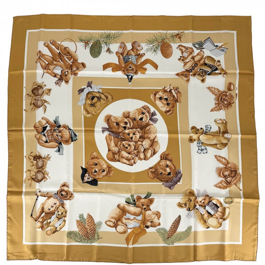 HERMES エルメス スカーフ カレ90 心の友 ファッションアイテム Carres テディベア シルク イエロー ブラウン 茶 レディース【中古品】