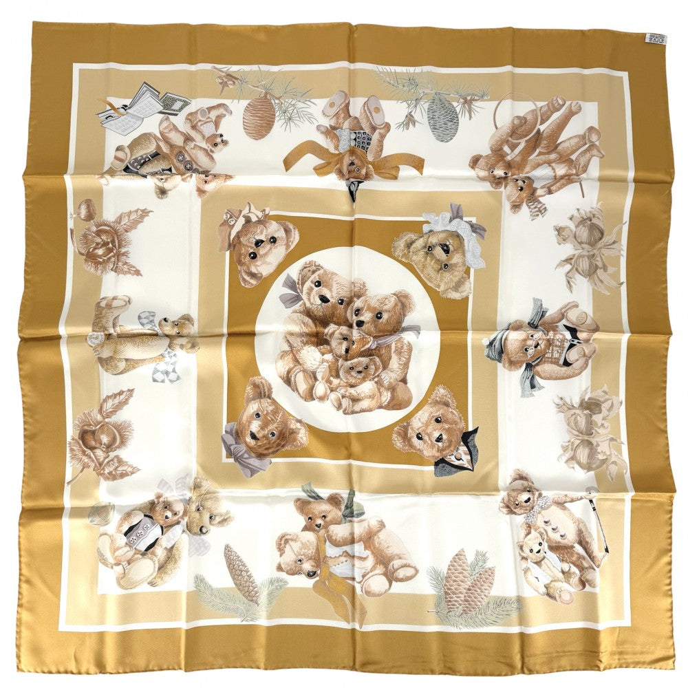 HERMES エルメス スカーフ カレ90 心の友 ファッションアイテム Carres テディベア シルク イエロー ブラウン 茶 レディース【中古品】