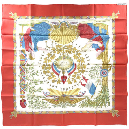 HERMES エルメス スカーフ カレ90 1789 LIBERTE EGALITE FRATERNITE REPUBLIQ 1789年フランス革命を記念して 大判 ファッションアイテム シルク オレンジ マルチカラー レディース【中古品】