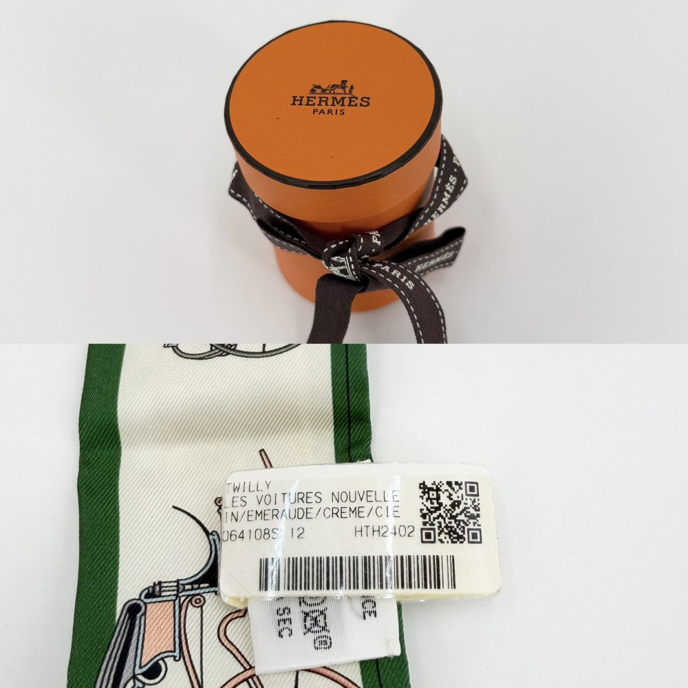 【開店SALE】 HERMES エルメス スカーフ ツイリー LES VOITURESA NOUVELLE 馬車の変遷 Twilly ファッションアイテム シルク グリーン 緑 レディース【中古品】