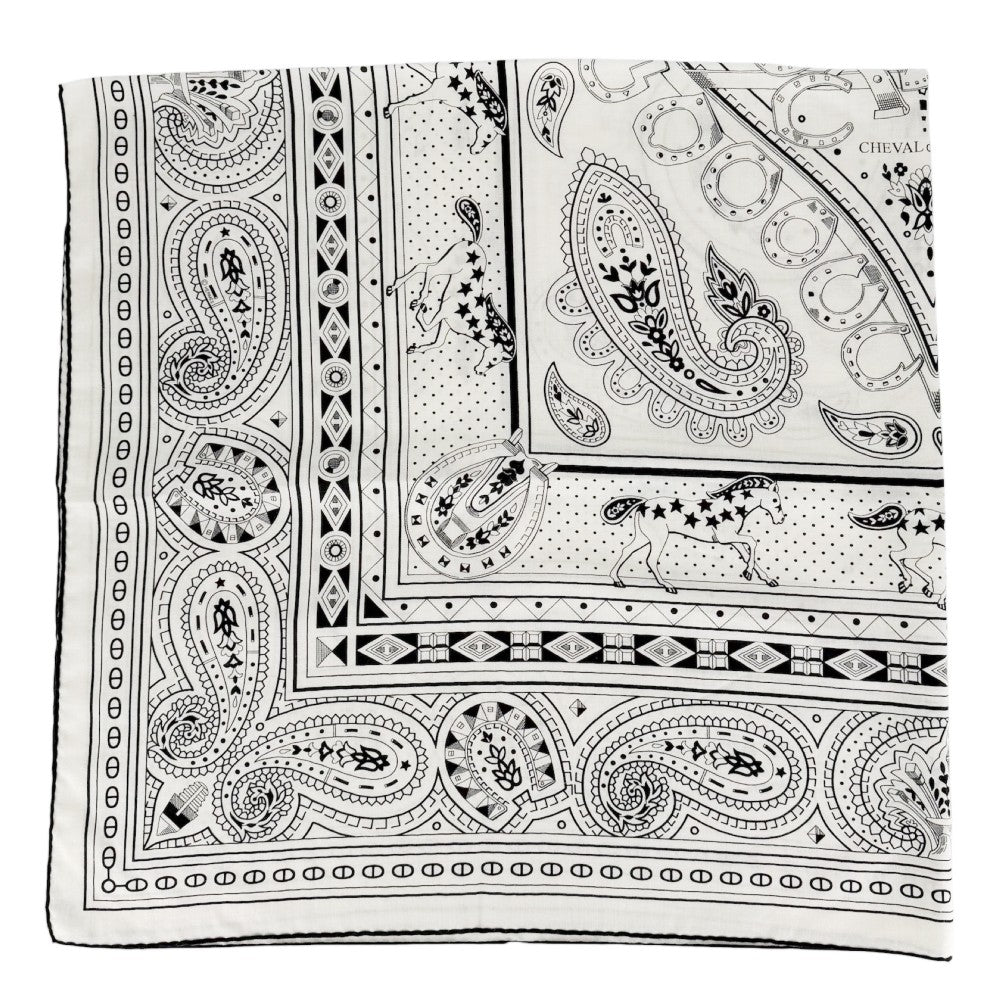 HERMES エルメス スカーフ カレ140 シュヴァル・ドゥ・クール・バンダナ カレジェアン ファッションアイテム LE JARDIN DE LA MAHAR カシミヤ シルク ホワイト 白 ブラック 黒 レディース【中古品】