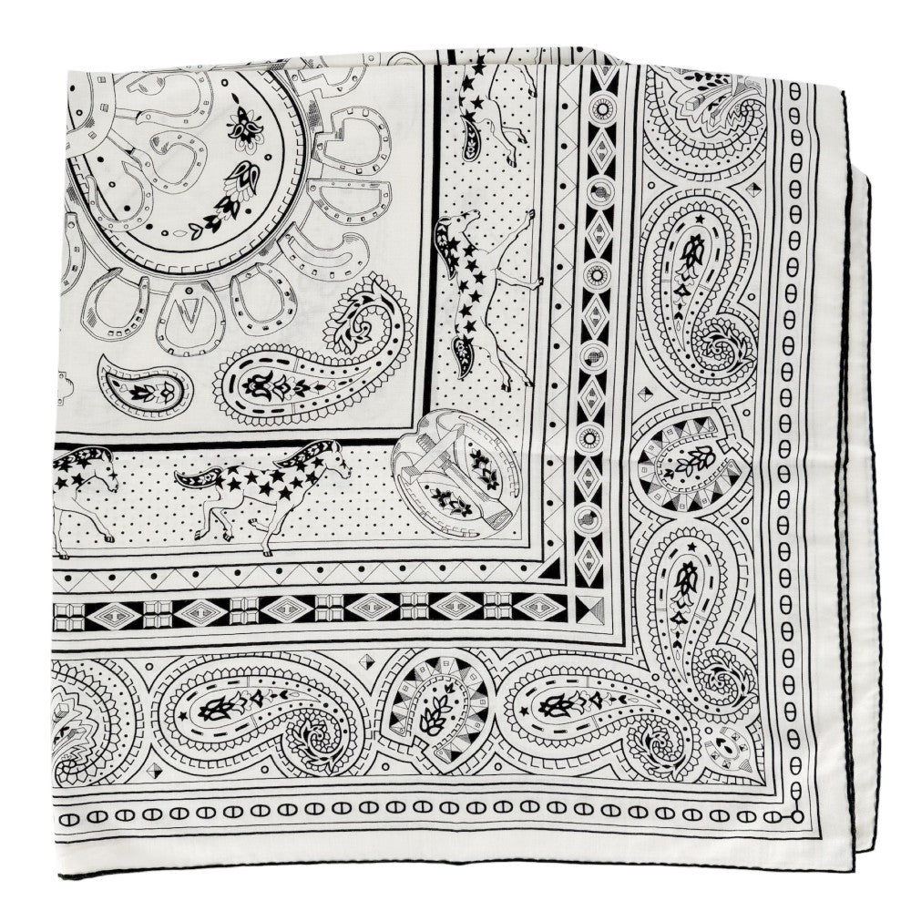 HERMES エルメス スカーフ カレ140 シュヴァル・ドゥ・クール・バンダナ カレジェアン ファッションアイテム LE JARDIN DE LA MAHAR カシミヤ シルク ホワイト 白 ブラック 黒 レディース【中古品】