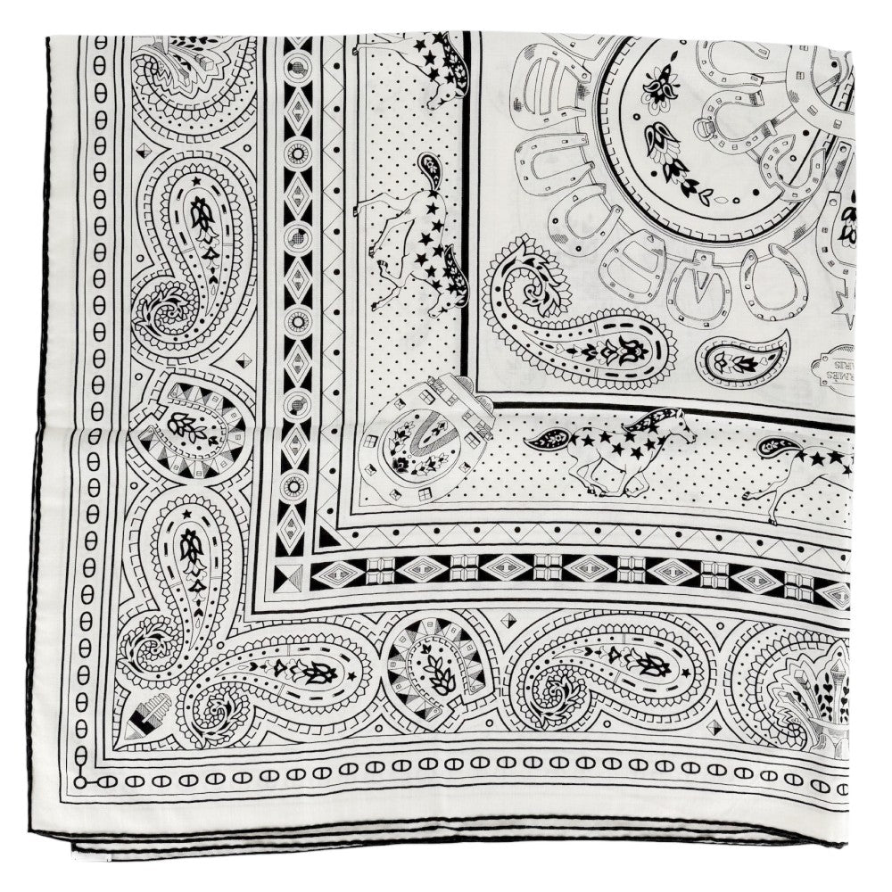 HERMES エルメス スカーフ カレ140 シュヴァル・ドゥ・クール・バンダナ カレジェアン ファッションアイテム LE JARDIN DE LA MAHAR カシミヤ シルク ホワイト 白 ブラック 黒 レディース【中古品】