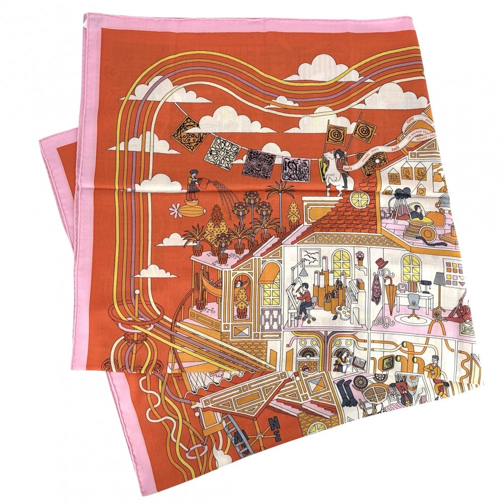 HERMES エルメス ストール カレジェアン LA MAISON DES CARRES スカーフ 大判 ファッションアイテム メゾンデカレ カレ140 カシミヤ シルク オレンジ レディース【中古品】