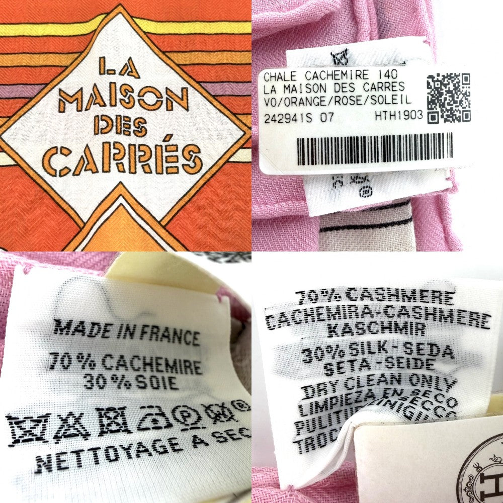 HERMES エルメス ストール カレジェアン LA MAISON DES CARRES スカーフ 大判 ファッションアイテム メゾンデカレ カレ140 カシミヤ シルク オレンジ レディース【中古品】