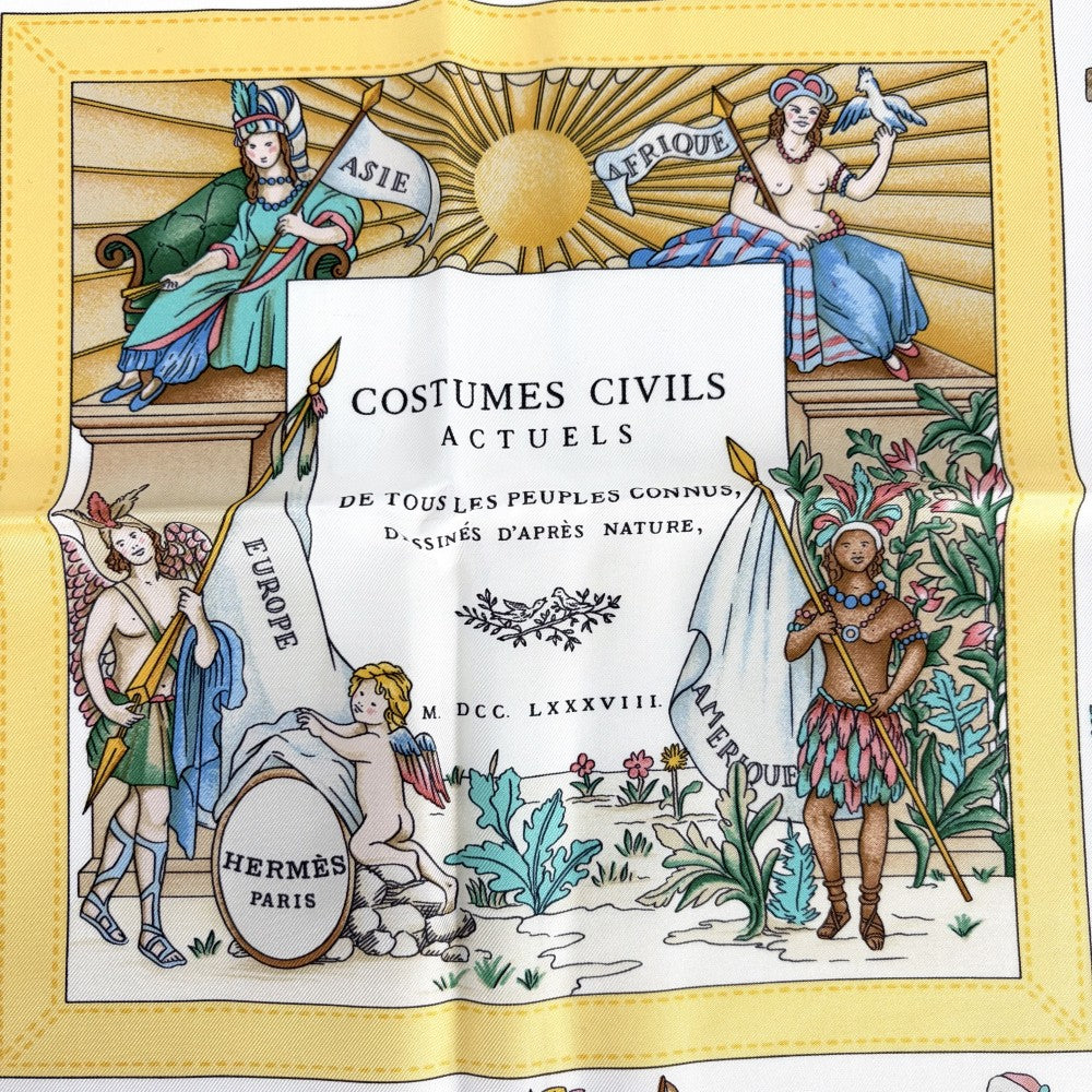 HERMES エルメス スカーフ カレ90 COSTUMES CIVILS ACTUELS 現代市民の服装 ファッションアイテム シルク ブルー 青 イエロー レディース【中古品】