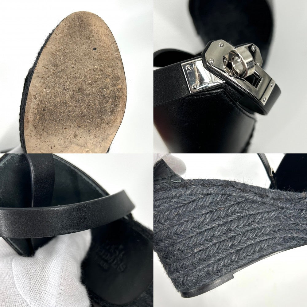 【開店SALE】 HERMES エルメス サンダル エスパドリーユ ティヴォリケリー 厚底 靴 37サイズ 春 夏 レザー ブラック 黒 シルバー金具 レディース【中古品】