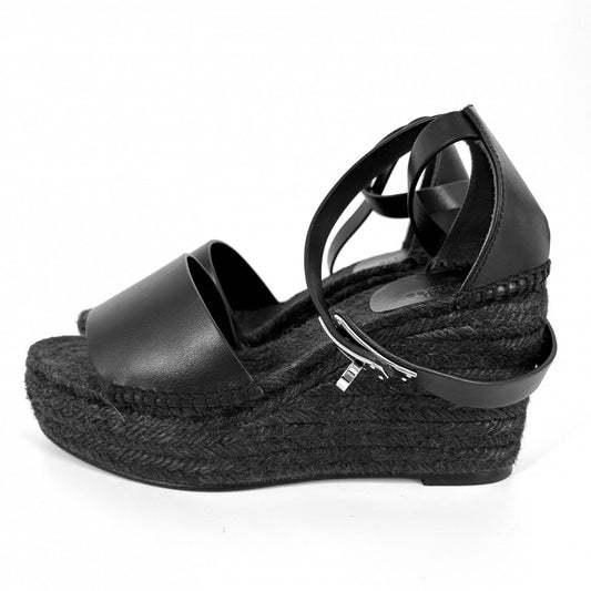 【開店SALE】 HERMES エルメス サンダル エスパドリーユ ティヴォリケリー 厚底 靴 37サイズ 春 夏 レザー ブラック 黒 シルバー金具 レディース【中古品】