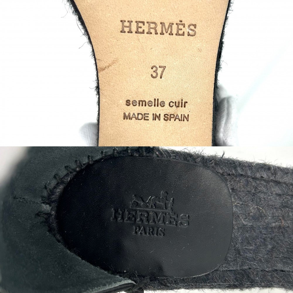 【開店SALE】 HERMES エルメス サンダル エスパドリーユ ティヴォリケリー 厚底 靴 37サイズ 春 夏 レザー ブラック 黒 シルバー金具 レディース【中古品】