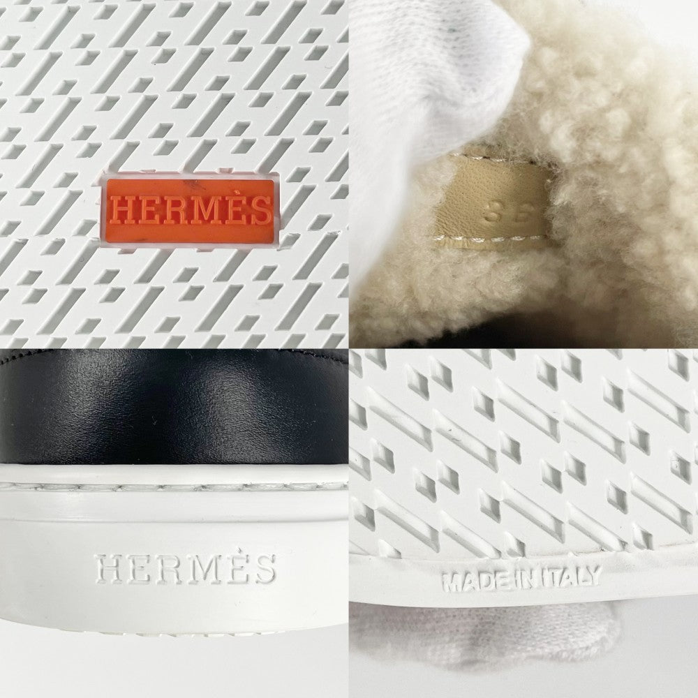 【開店SALE】 HERMES エルメス スニーカー デイ ケリー ローカット ムートン シューズ 靴 36サイズ 23cm レザー ブラック 黒 ホワイト 白 シルバー金具 レディース【中古品】