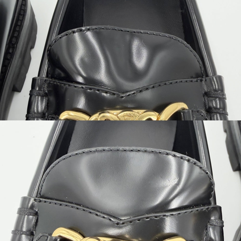 CELINE セリーヌ ローファー マーガレット トリオンフ シューズ フリンジ 靴 38サイズ 約25cm レザー ブラック 黒 ゴールド金具 レディース【中古品】