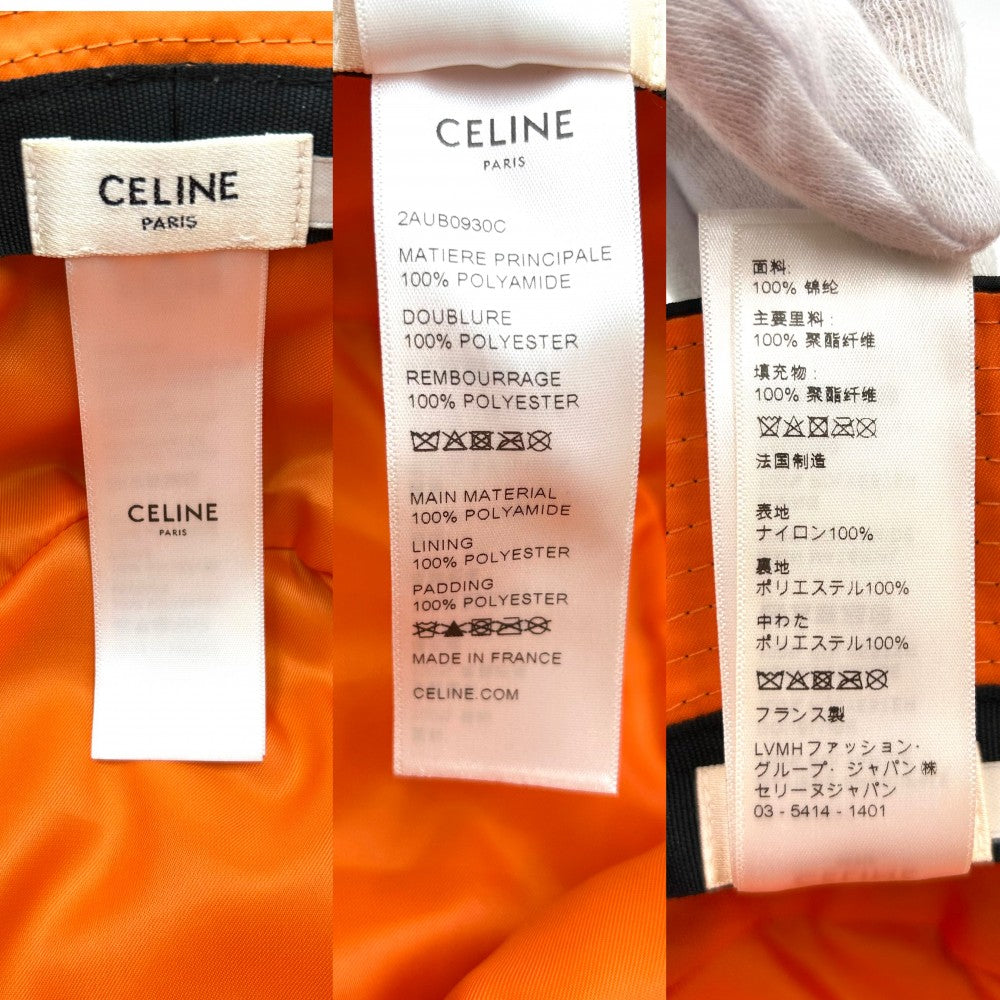 CELINE セリーヌ 帽子 キルティング バケットハット ナイロンツイル ロゴプリント ファッションアイテム Lサイズ 2AUB0930C ナイロン ブラック 黒 オレンジ メンズ【中古品】