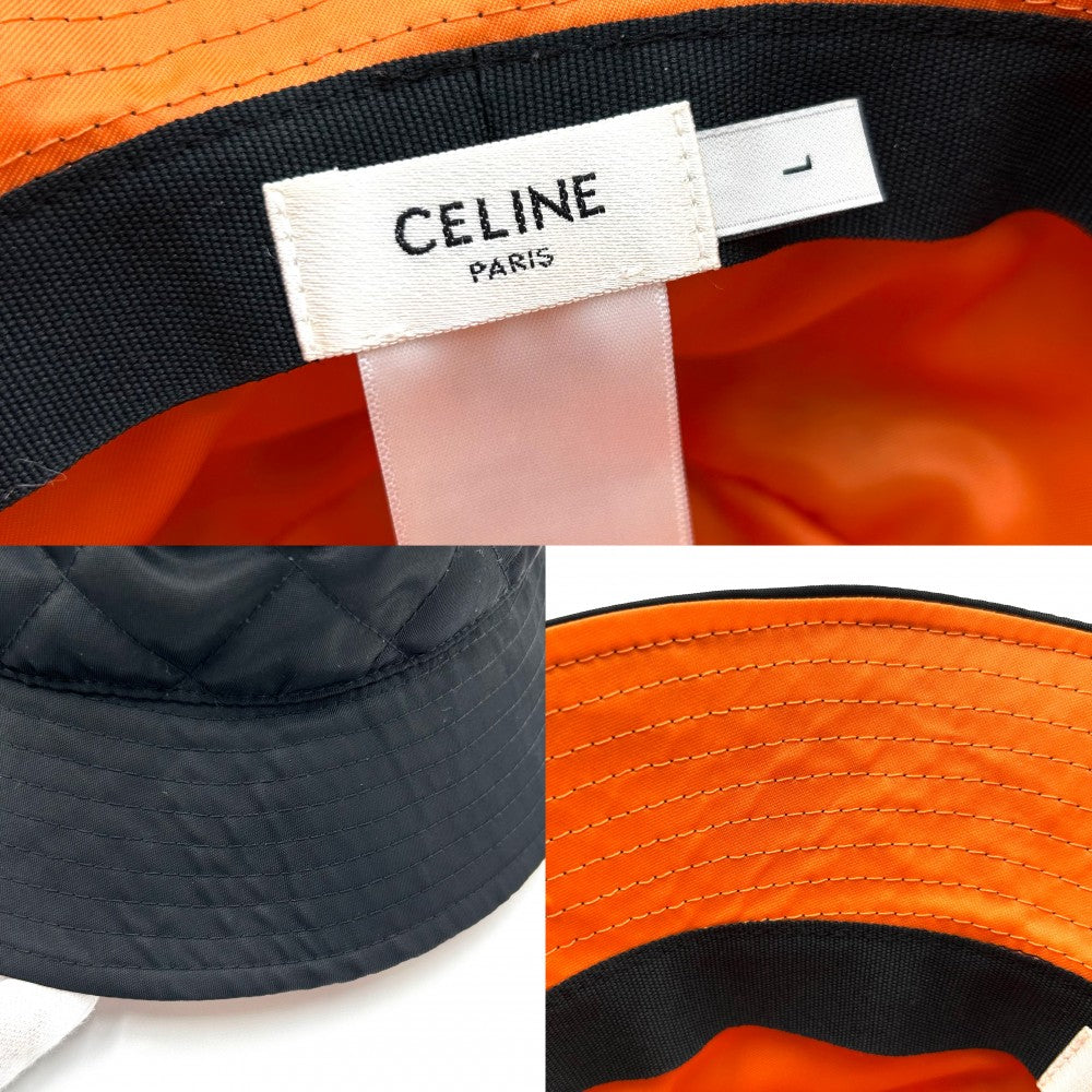 CELINE セリーヌ 帽子 キルティング バケットハット ナイロンツイル ロゴプリント ファッションアイテム Lサイズ 2AUB0930C ナイロン ブラック 黒 オレンジ メンズ【中古品】