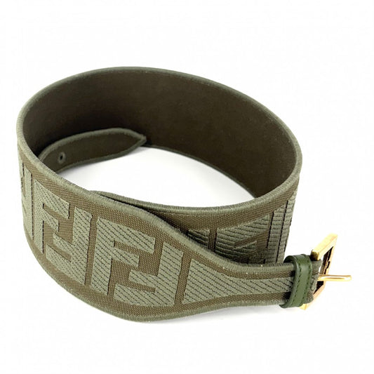 【開店SALE】 FENDI フェンディ ベルト FFロゴ ファッションアイテム 太め 小物 85/34サイズ キャンバス カーキ アンティークゴールド金具 レディース【中古品】