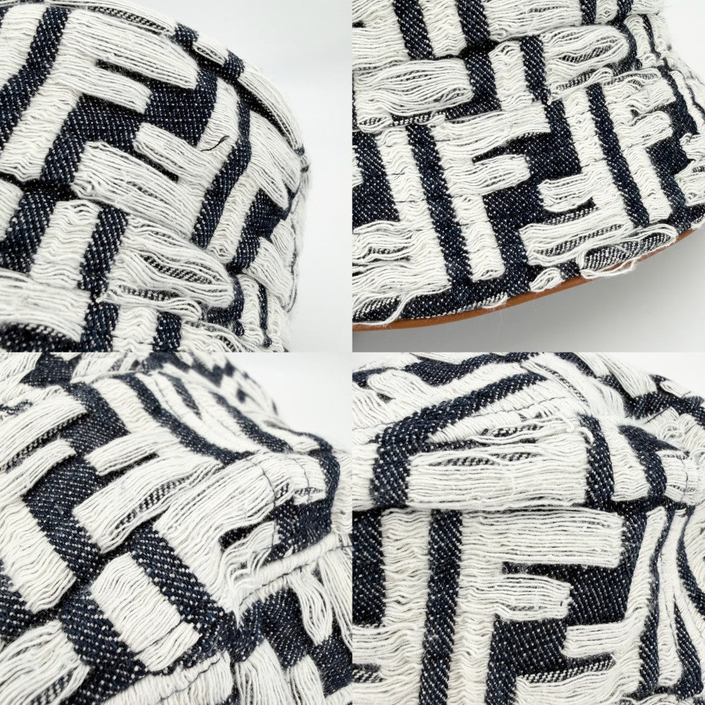 FENDI フェンディ ハット ズッカ バケットハット　 デニム 帽子 Lサイズ ファッションアイテム メンズ レディース FXQ958 コットン ホワイト 白 ネイビー 紺 ユニセックス【中古品】