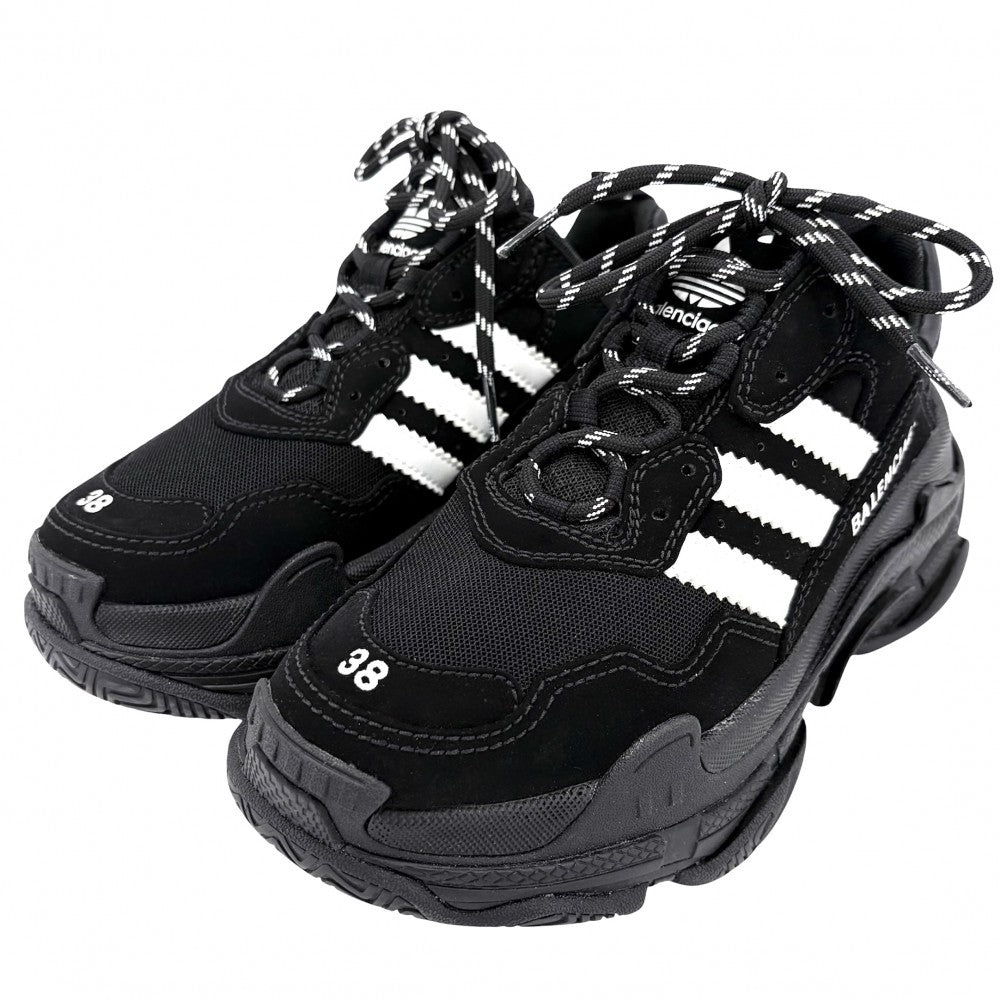 BALENCIAGA バレンシアガ スニーカー アディダスコラボ トリプルS ダッドスニーカー 厚底 adidas シューズ 靴 ファッションアイテム 38サイズ 約25cm 593994 ブラック 黒 メンズ【中古品】