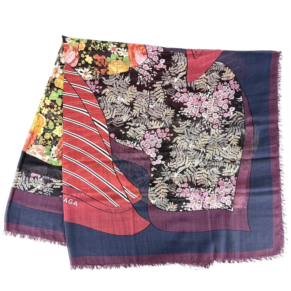 BALENCIAGA バレンシアガ スカーフ 花柄 大判 ファッションアイテム ウール シルク ボルドー系 マルチカラー レディース【中古品】